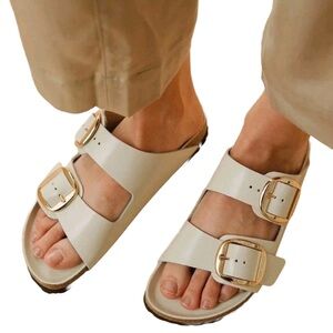 Birkenstock Arizona Big Buckle Sandal in High Shine Ecru Sz 8 Narrow NEW